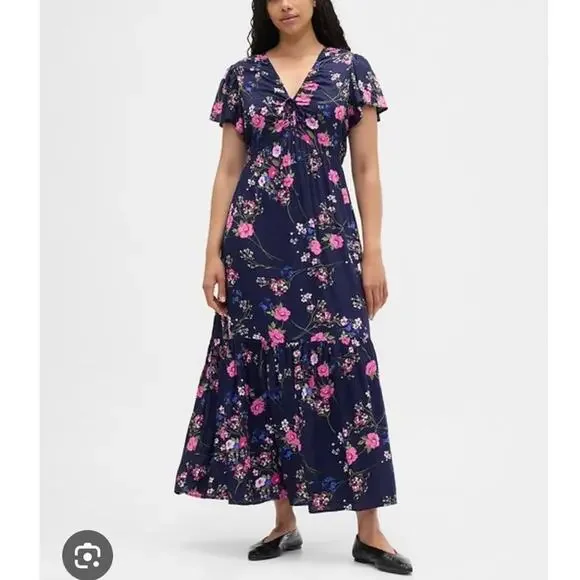 Gap ruched V neck maxi dress floral blue tiered romantic XXL boho - Picture 1 of 9